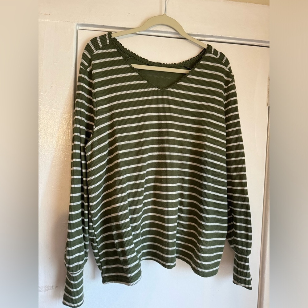 Zac & Rachel Ribbed Blouse Sweater 2X Plus Size Long Sleeve Green Striped - Picture 4 of 7
